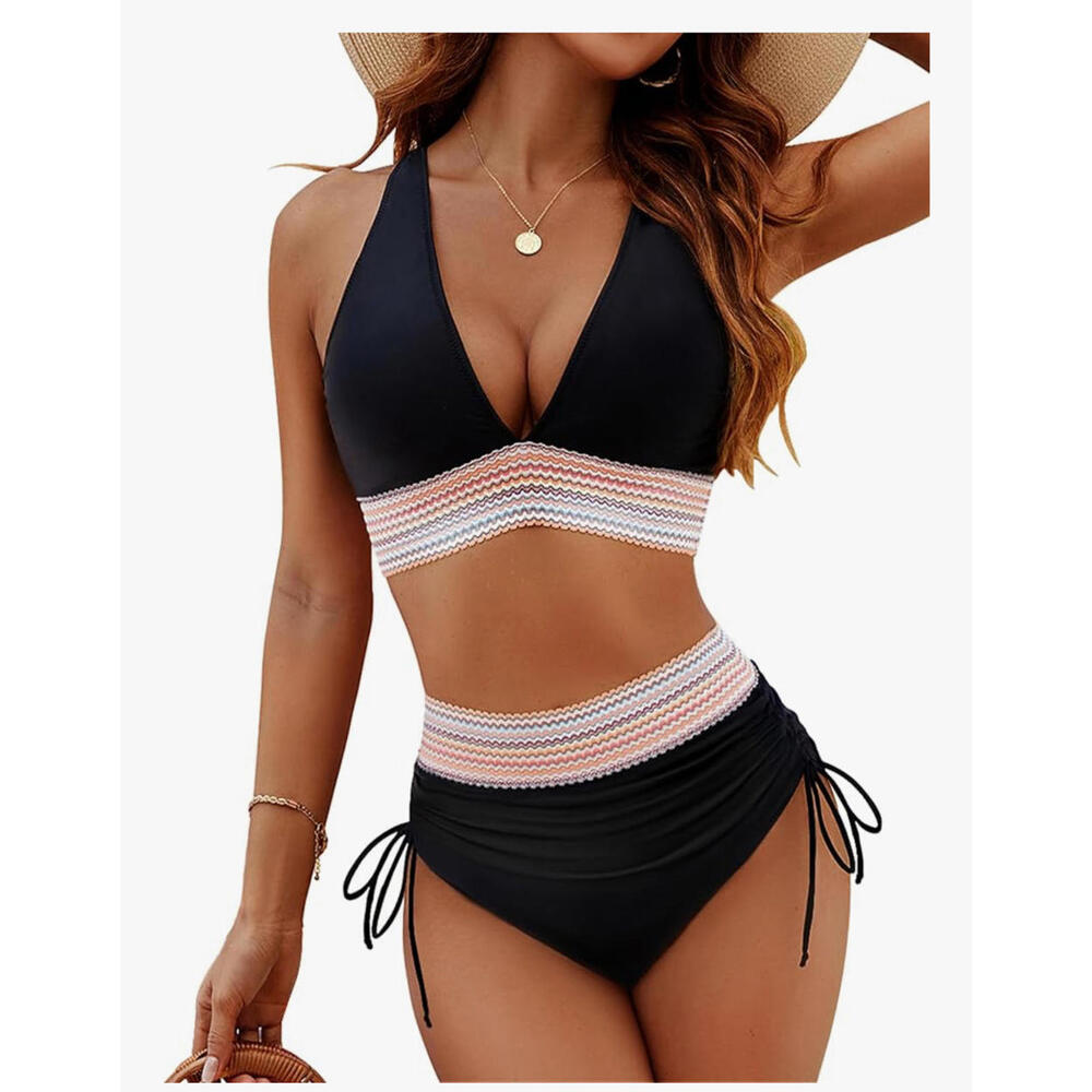 Black and White Women's Halter Bikini Set